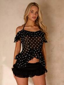 SHEIN Glamour 女士波点度假衬衫，荷叶边衬衫，波点露背吊带衬衫，露肩露背衬衫 - 彩色 - 查看 2