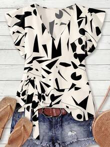GlowEve CURVE Plus Size Women Casual Versatile New Knotted V-Neck Asymmetrical Blouse, Spring/Summer - Multicolor - View 1