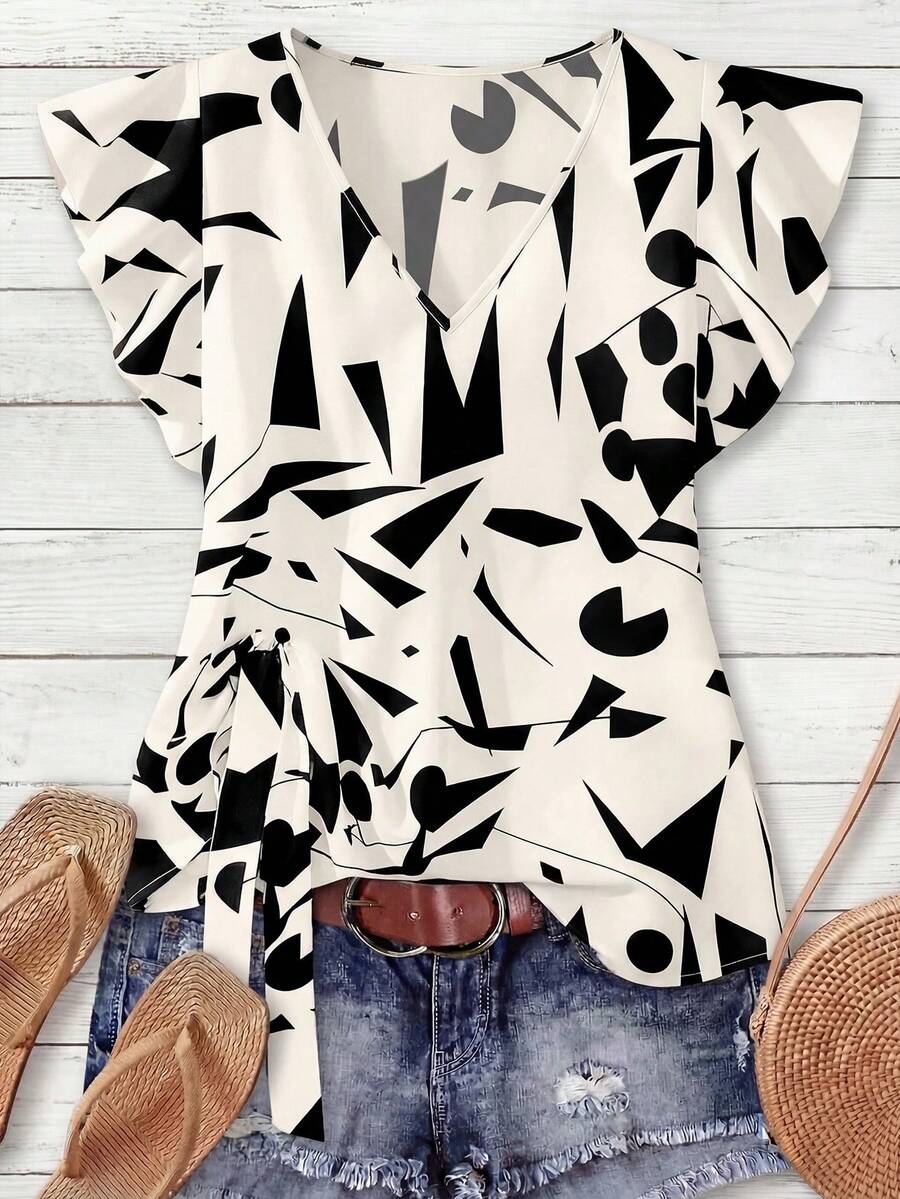 GlowEve CURVE Plus Size Women Casual Versatile New Knotted V-Neck Asymmetrical Blouse, Spring/Summer - Multicolor - View 1