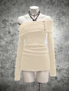 SHEIN Unity Women's Streetwear Slim Fit Turndown Collar Button Casual Long Sleeve Sweater Dress - Apricot - View 3