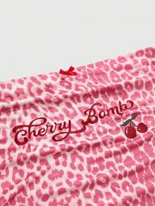 ROMWE J-Fashion 大码女式樱桃豹纹蝴蝶结装饰斜肩时尚T恤，适合约会穿着 - 粉色 - 查看 3