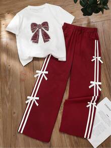 SHEIN 2pcs/Set Setelan Atasan Pita Rhinestone dan Celana Pita Bergaris untuk Anak Perempuan, Gaya Busana Jalanan - Burgundy - View 3