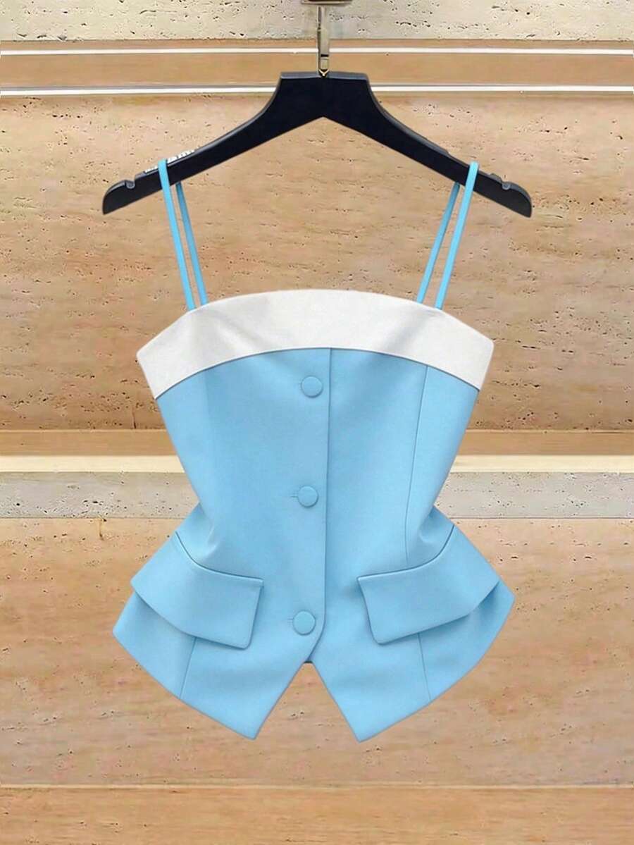 Franclia Contrast Color Strap Women's Tank Top, Button Decor Strap Women's Tank Top - Blue - View 1