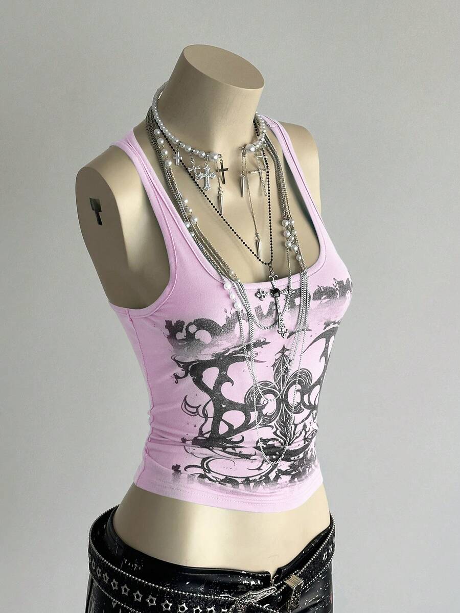 SHEIN DivaQ 女式街头亚文化字母朋克印花背心 - 粉色 - 查看 1