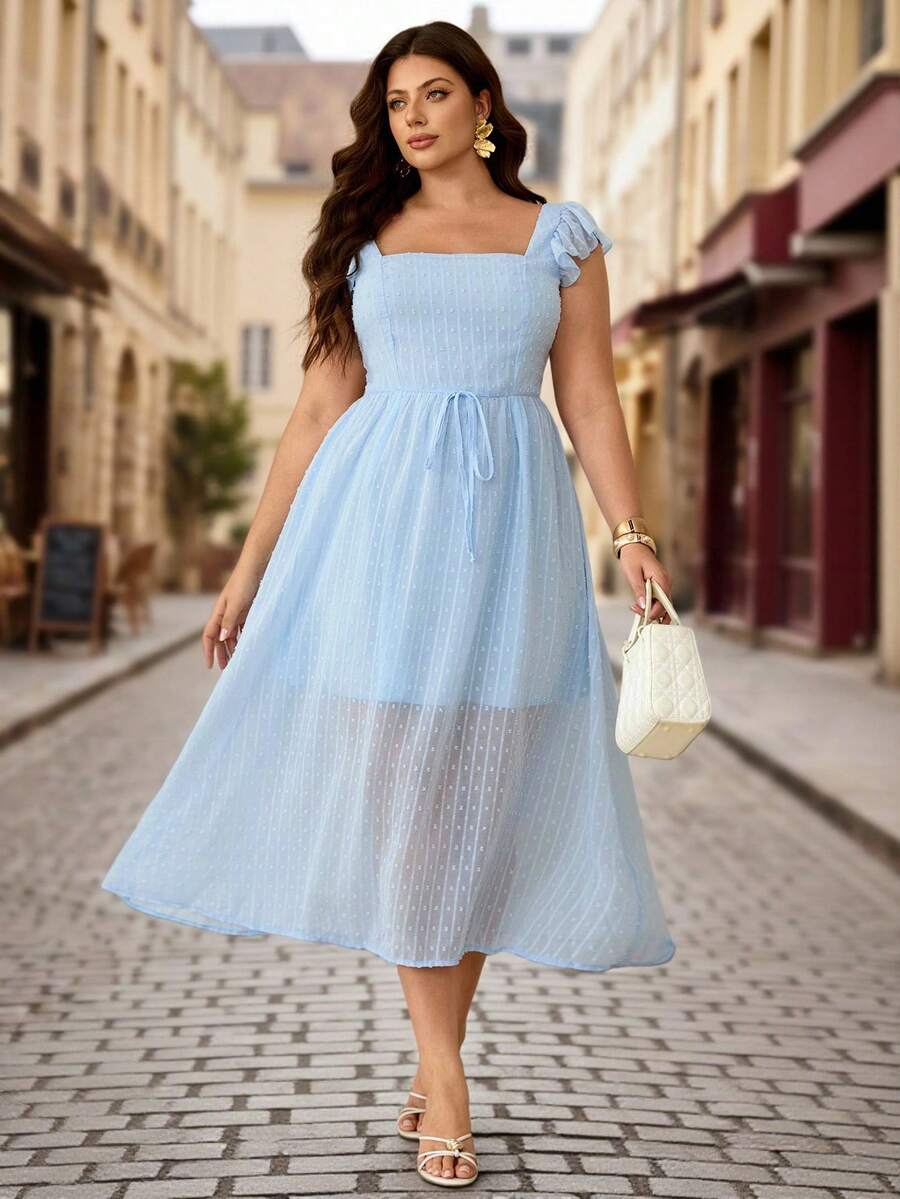 EMERY ROSE Plus Size Elegant & Comfortable Waist Cinching Dress, Square Neck Cap Sleeve Design, Suitable For Dates And Vacations - Blue - View 1