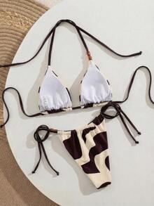 SHEIN Swim Vcay 美拉德彩色吊带裤侧系带装饰女士极简主义复古度假比基尼泳衣上装 - 中紫紅色 - 查看 6