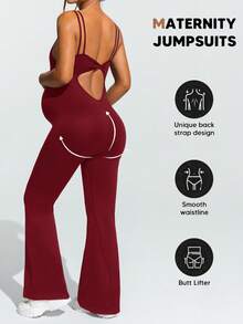 SHEIN Maternity Solid Color Sports Camisole Jumpsuit,Word Cup - Burgundy - View 2