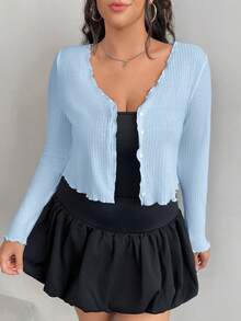 SHEIN EZwear Chemise à manches longues rose à simple boutonnage pour femmes grandes tailles - Bleu azur - Voir 3