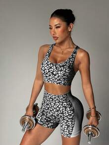 Slayform Women Leopard Print Camisole And Shorts Sports Set - Black - View 7