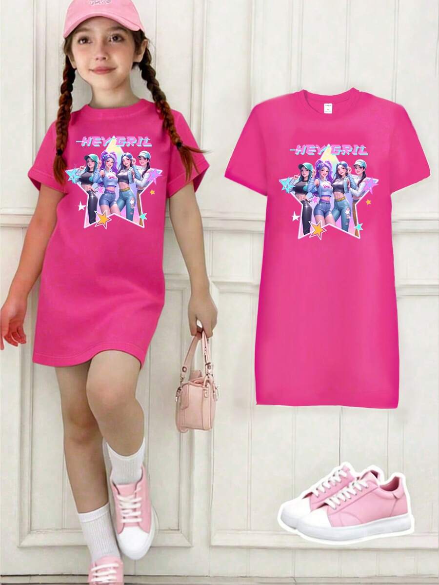 Elladie kids 女童休闲时尚创意个性清新简约可爱虚拟女团彩色五角星图案字母标语印花短袖T恤裙,舒适日常穿着,适合春、夏、秋季穿着。 - 玫紅色 - 查看 1