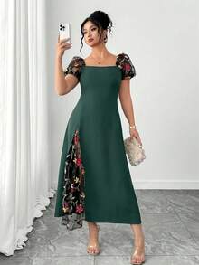 Elenzga Plus Size Elegant Color Block Petal Sleeve Mid-Length Dress - Dark Green - View 1