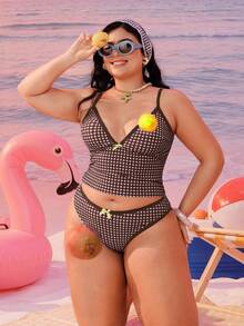 Swim Mod 2026新款加大码女式两件套随机几何印花时尚度假休闲简约显瘦端庄蝴蝶结可调节加粗肩带高腰高开衩三角比基尼泳衣 - 棕色 - 查看 3