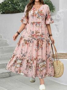 EMERY ROSE Gaun Lengan Ruffle Motif Bunga Ukuran Plus untuk Santai, Pakaian Musim Semi untuk Wanita, Pakaian Liburan Tropis Wanita Musim Gugur - Dusty Pink - View 6