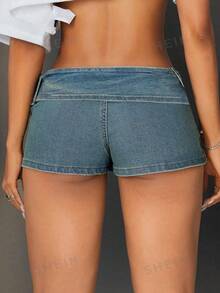 SHEIN Tall Quần váy denim thời trang nữ với họa tiết da rắn và khóa cài. - Màu xanh lam - Xem 2
