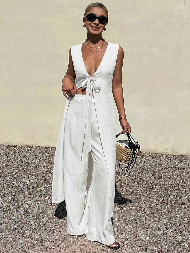 Women's Solid Color Knotted Front Sleeveless Top And Wide Leg Pants Casual 2 Pieces Set