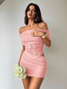 Aloruh Đầm ngắn Lotus Pink gợi cảm và thanh lịch, hở vai, khoét eo, phối ren xuyên thấu cho nữ. - Bụi hồng - Xem 2