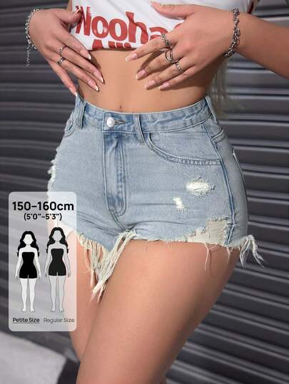 Jeanoix Petite Quần short denim nữ phong cách tối giản với tua rua thời kỳ Y2K.