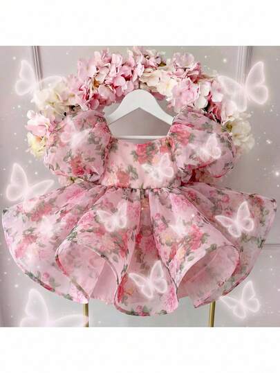 Babygirl Cute Princess Dress, Elegant Pink Floral Pattern Petal Sleeve Dress, Party Dress