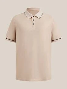 VeloEdit 男士夏季休閒工作對比飾邊短袖鈕扣半開襟領 Polo 衫，適合商務與休閒，老錢風，素色米色秋冬款 - 米色 - 查看 3