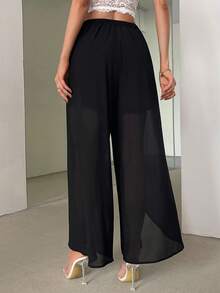 SHEIN PETITE CURVE Pantalon élégant taille haute pour femmes grandes tailles, avec ourlet asymétrique et détails de fente, léger et gracieux, convient pour le travail et les vacances d'été - Noir - Voir 2