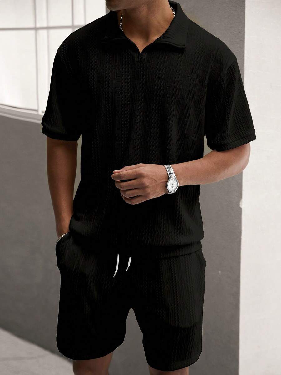 Manfinity Homme Men's Solid Color Short Sleeve Polo Shirt And Shorts Casual Set - Black - View 1