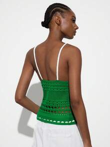 MAIJA Boho Crochet Floral Detail Scoop Neck Spaghetti Strap Top - Green - View 4