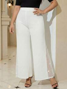 SHEIN Tall CURVE Plus Size Women Rhinestone Mesh Patchwork Straight Leg Pants - White - View 4