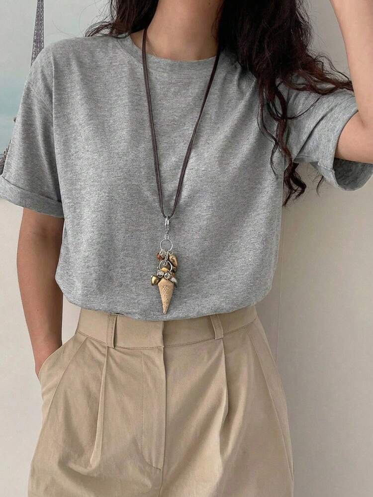 Casual Solid Color Short Sleeve T-Shirt, Versatile For Summer