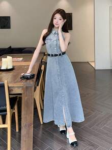 DAZY 女士休闲度假风前扣无袖牛仔连衣裙，春夏款 - 藍色 - 查看 8
