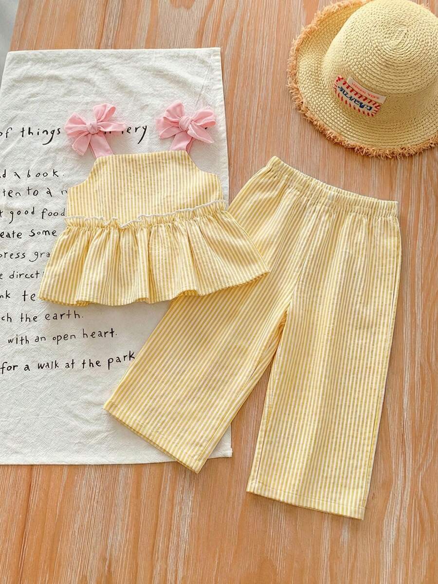 SHEIN LMoss Kids LMoss 女婴夏季可爱条纹吊带背心和松紧腰裤两件套 - 黃色 - 查看 1