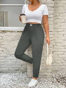 SHEIN PETITE CURVE Plus Size Women's Letter Embroidered Tapered Casual Pants - Volcanic Gray - View 7