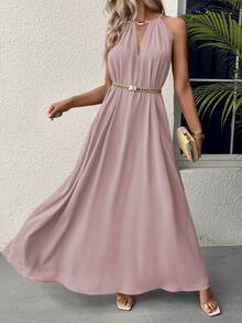 Hotletica Robe longue à col ras-du-cou simple et unie pour un port quotidien, tenue de vacances et de plage - Vieux Rose - Voir 6
