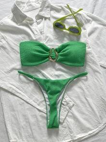 Swim Chiccia 春假女士沙滩夏季套装，女士纯色提花面料无肩带金属装饰性感比基尼套装，绿色泳装，适合度假邮轮旅行沙滩日光浴，两件套，夏季新款女士比基尼套装，绿色泳装，女士比基尼泳装套装，绿色比基尼套装，聚拢泳衣，绿色女士泳装 - 綠色 - 查看 1