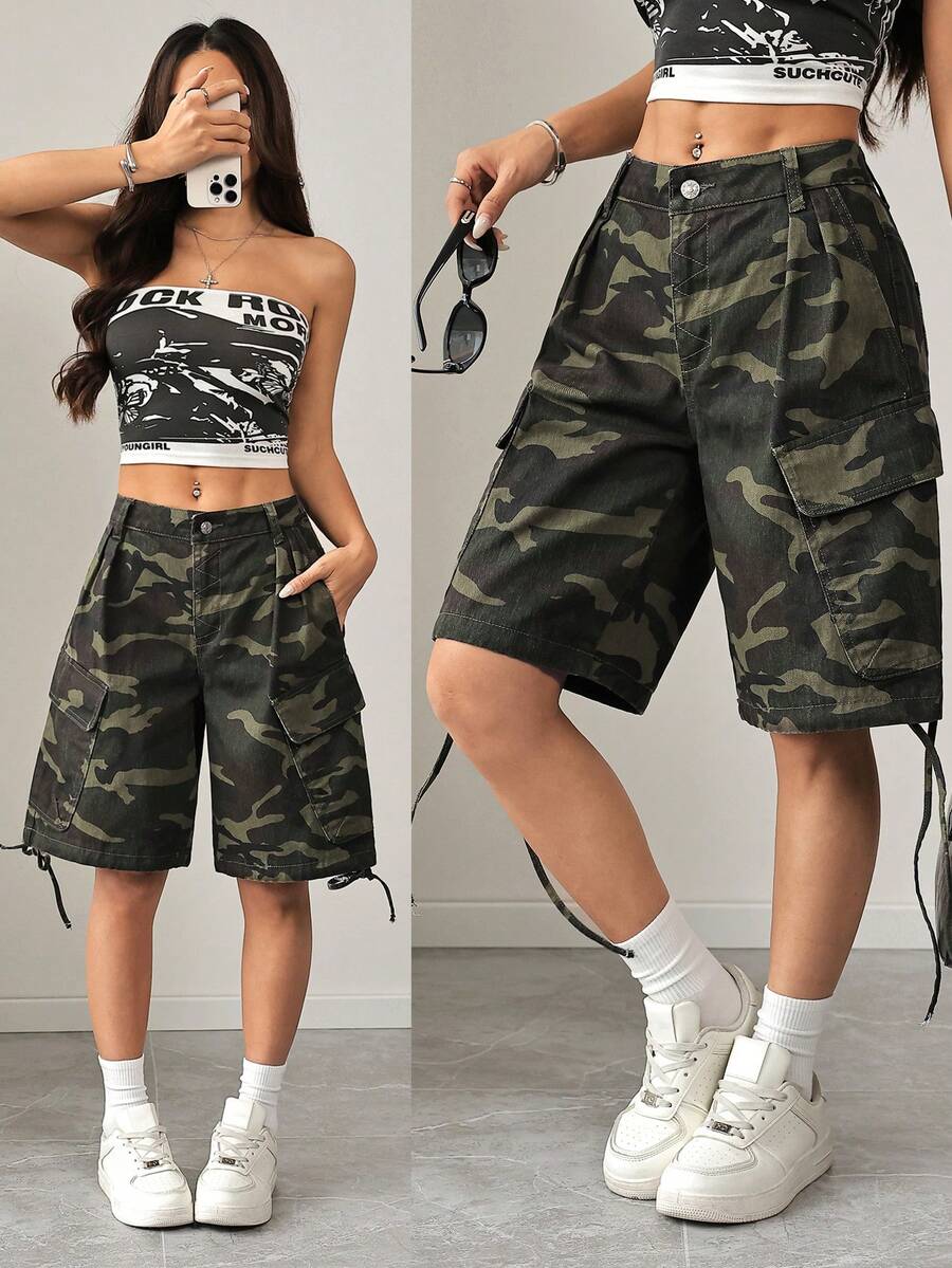 SHEIN PETITE 女士迷彩图案工装口袋宽松休闲牛仔百慕大短裤 - 軍綠色 - 查看 1