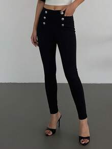 Joudiya Leggings casuales de mujer con botones en la cintura - Negro - Ver 10