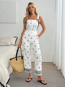 Louniche Damen lässiger, locker sitzender bedruckter Jumpsuit, modische schlankende weite Hose, geeignet für Frühling, Sommer Alltagstragen, Urlaub und Zuhause - Weiss - Übersicht 5