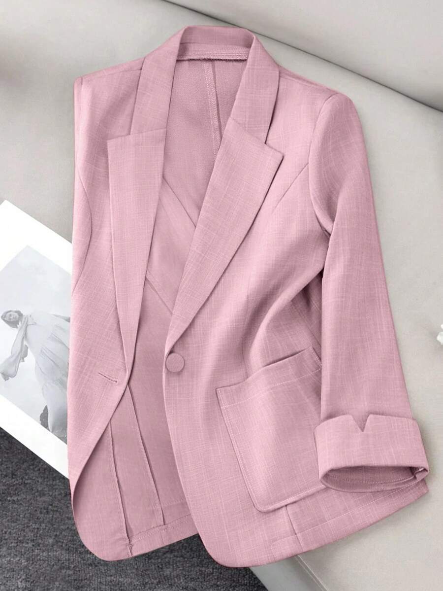 Franclia Áo blazer nữ màu trơn cổ chữ V cài một hàng khuy, kiểu dáng thường ngày, đa năng, tay dài, thích hợp đi làm, mùa xuân. Áo blazer nữ màu hồng, bộ vest nữ, áo blazer công sở, bộ vest nữ, trang phục công sở, áo blazer nữ, bộ vest nữ. - Hồng - Xem 1