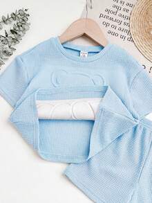 SHEIN Babygirl Cute 3D Cartoon Pattern Embossed Short Sleeve Top And Elastic Waist Shorts Set - Baby Blue - View 6