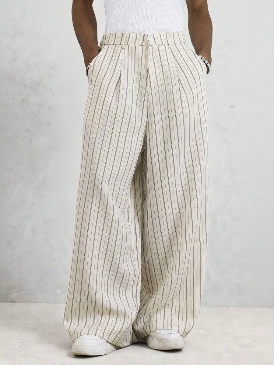 TOKVUE Men's Striped Pocket Wide Leg Loose Casual Pants, Summer - Beige - View 1