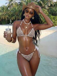 Vaytide Women's Solid Color Sheer Fabric Hollow Out Shell & Pearl Detail Sexy Triangle Handbag For Summer Beach Vacation - Coffee Brown - View 3