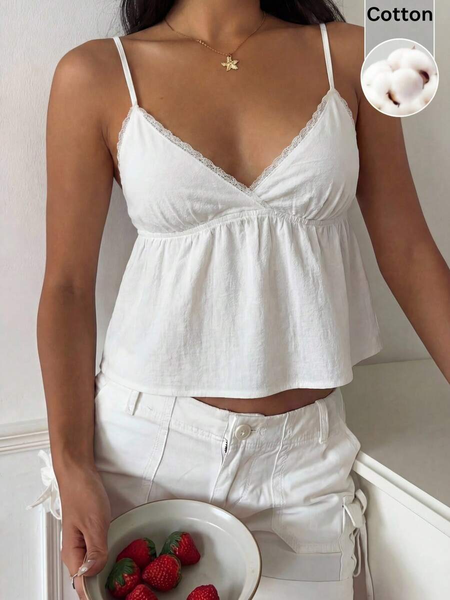 CovetEZ 女士纯色撞色蕾丝荷叶边吊带背心 - 白色 - 查看 1