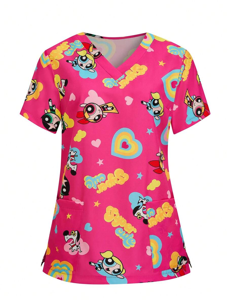 PopScrub THE POWERPUFF GIRLS X SHEIN 女士活力爱心彩虹印花V领手术服上衣,卡通IP联名款 - 玫紅色 - 查看 1