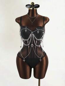Mistrie Women's Black Spaghetti Strap Backless Camisole,Chain Decor Sequin Rhinestone Goth Club Outfit,Summer Mesh Patchwork Rave Party Y2K Queen Wear - Black - View 5