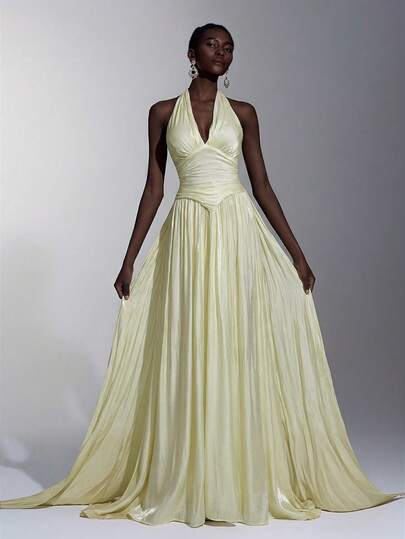 Elitara Đầm dạ hội thanh lịch, lãng mạn, thời trang làm từ vải organza bóng, xếp ly, cổ yếm, dáng chữ A, thích hợp dự tiệc hoặc đám cưới, màu hồng, hoặc các dịp trang trọng khác.