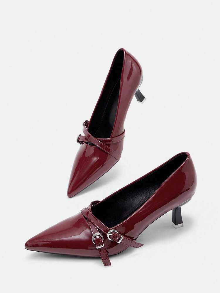 CUCCOO CURVES Women Shoes Wide Fit Fashion Pointed Stiletto Burgundy Cross Buckle Simple Classic Daily Comfort Fattened High Heel Women's Shoes Plus Size