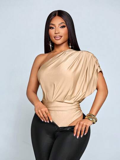 SOLERSUN Plus Size Women's Elegant Solid Color One-Shoulder Pleated Bodysuit, Valentine's Day Bodysuit, Carnival Bodysuit, Easter Bodysuit.