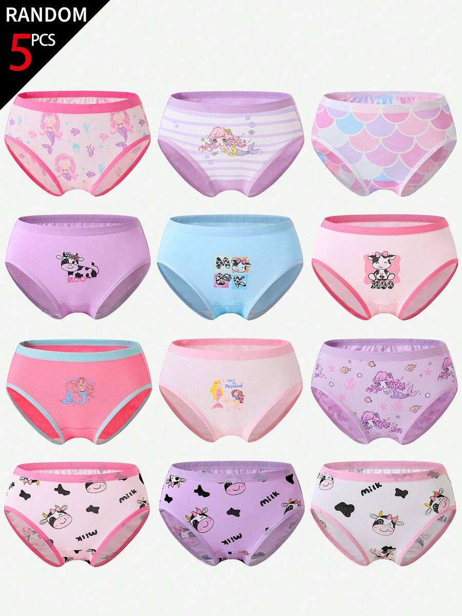 SHEIN [5 Sets Random]Toddler Girls Cotton Panties, Soft All-Season Briefs With Cute Cow Mermaid Print In Pink Purple - Multicolor - View 1
