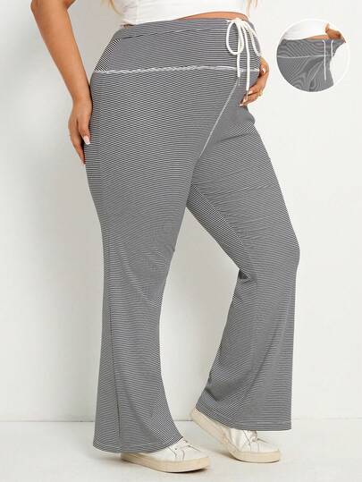 SHEIN Plus Size Pregnant Women Striped Drawstring Waist Casual Versatile Flare Pants For Daily Wear