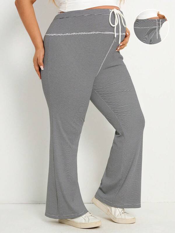 SHEIN Plus Size Pregnant Women Striped Drawstring Waist Casual Versatile Flare Pants For Daily Wear