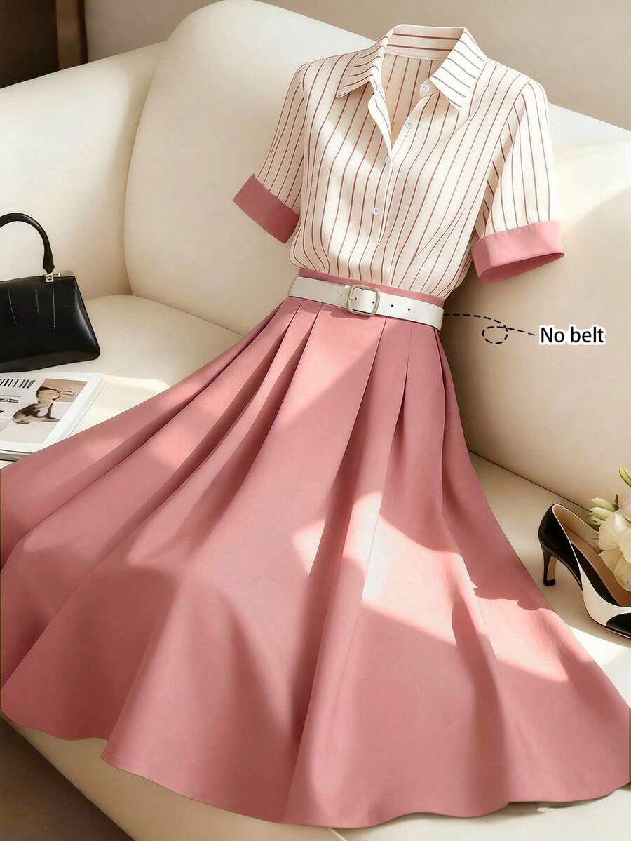 GlowEve 2026 New Fashion Commuter Striped Patchwork Dress For Women - Pink - View 1